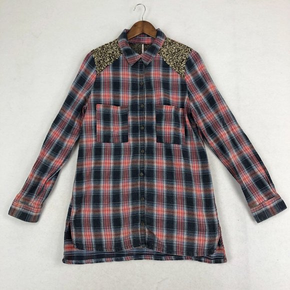 Free People Women's Size Large Little Bit Of Sugar Red Plaid Sequin Tunic Top